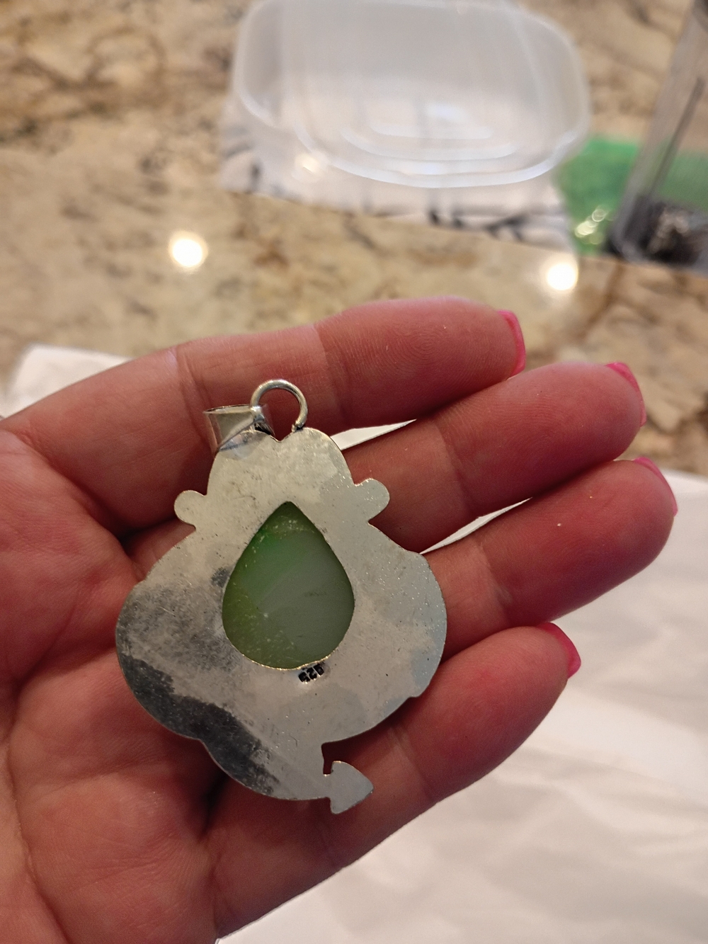 Florescent Lime Green Druzy Pendant in Intricate Setting Beautiful! - Picture 6 of 9
